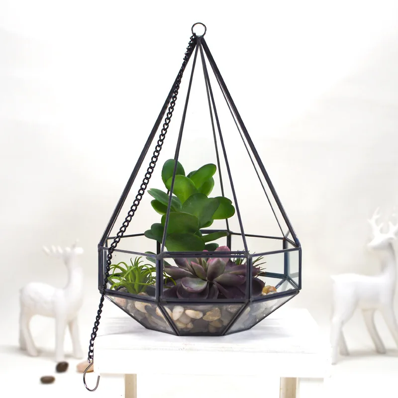 Factory direct large black copper with hanging chain 8 angle diamond shape glass flower house plant planting container
