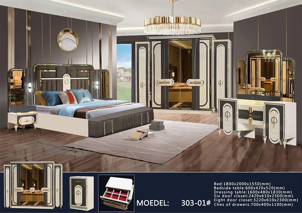 New Modern Wooden King Size Double Leather Bed Room Set  Luxury  6 Doors Large Wardrobe  Mdf Panel Full Furniture Bedroom Set