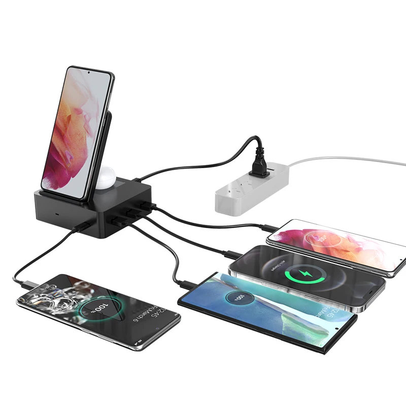 6 in 1 Multi Cell Phone Charging Station 3 Port USB 1 Type-c Charger Stand  40W For Apple Devices And All Wireless Mobile Phone
