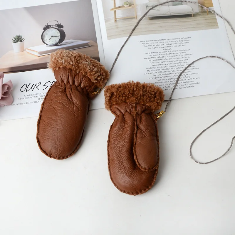 100% Hand-made Baby Real Lamb Fur Mitten Kids Fingerless Leather Yang fur gloves fingered baby Students go to school and keep wa