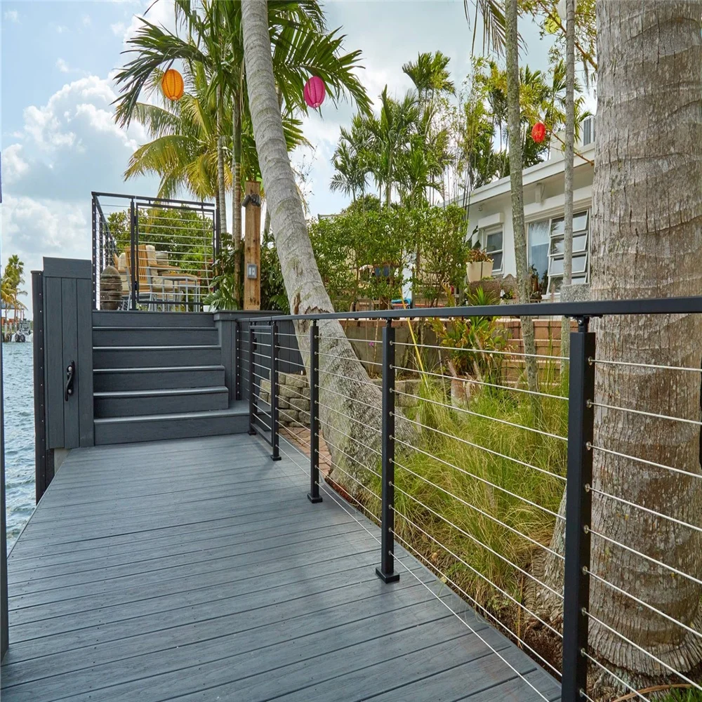 Stair Railing Metal with Wire Cable Black Balustrade Wooden Handrail