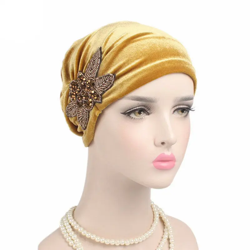 
Muslim Womens Velvet Hand Beaded Turban Cap India Chemo Wrap Headwear Beanie Hat 