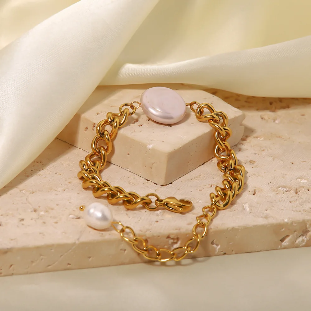 Factory Direct Sale 18K Gold Plated Stainless Steel Miami Cuban Chain Baroque Freshwater Pearl Bracelets