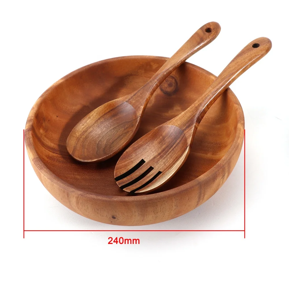 Shoppingsun 24CM Wooden Salad Bowl Acacia Wood Handmade Spoon Fork 3 Servers Family Dinner Bowl Set Japanese Ramen Fruit Bowl