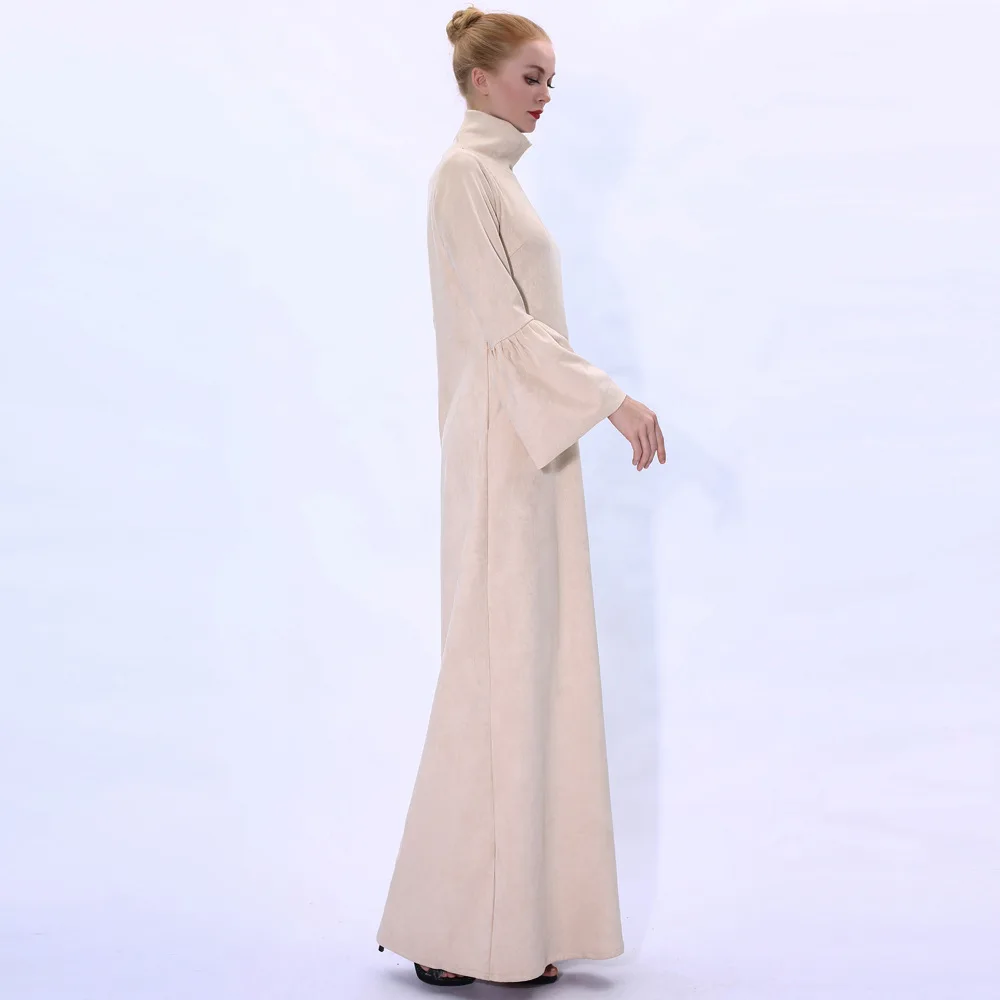 2024 New Design Autumn Winter Wear Plain Color Stand Collar Flare Sleeve Suede Turkish Abaya Modest Dress for Islamic