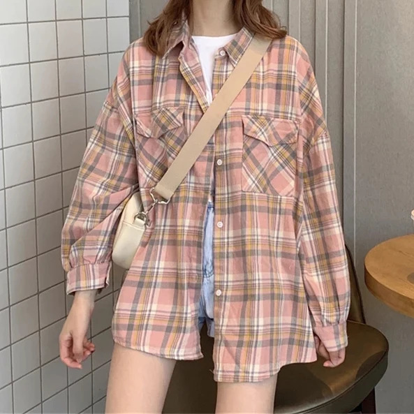Cheap Vintage Long Shirts Button Down Plaid Blouse Wholesale Casual Warm Fall Plaid Flannel Shirt For Women