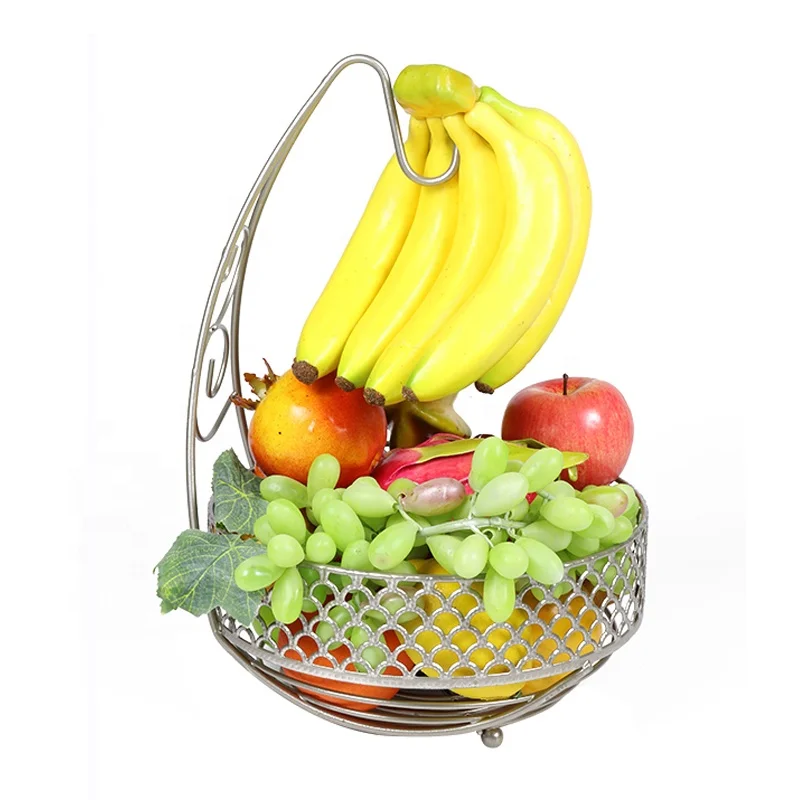Wholesale Cheap Price Metal Iron Mesh Wire Kitchen Storage Fruit Basket With Banana Holder