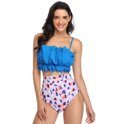 Women Swimsuit White Pleated Top with Floral High Waist Swimming Trunks