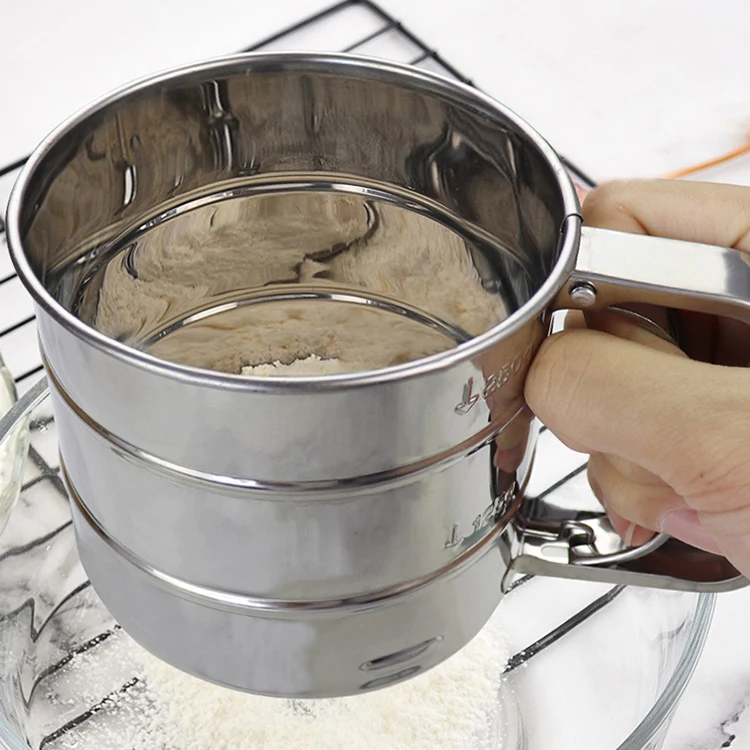 Semi-automatic Hand Press Flour Sifter Stainless Steel Fine Mesh Powder Sieve Cooking Baking Accessories