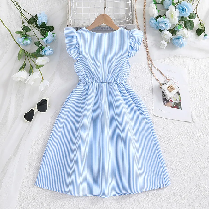 2024 Summer Casual Teenage Girl Clothes Ruffle Fly Sleeve V Neck Striped Print Casual Dress Holiday Dresses For Children