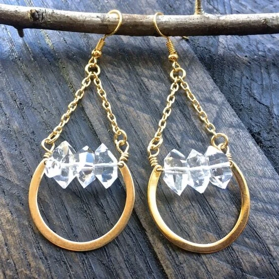 LS-A2437 Natural Raw Quartz Earrings Crystal clear Earring Wire Wrapped Hoop 14k Gold Filled