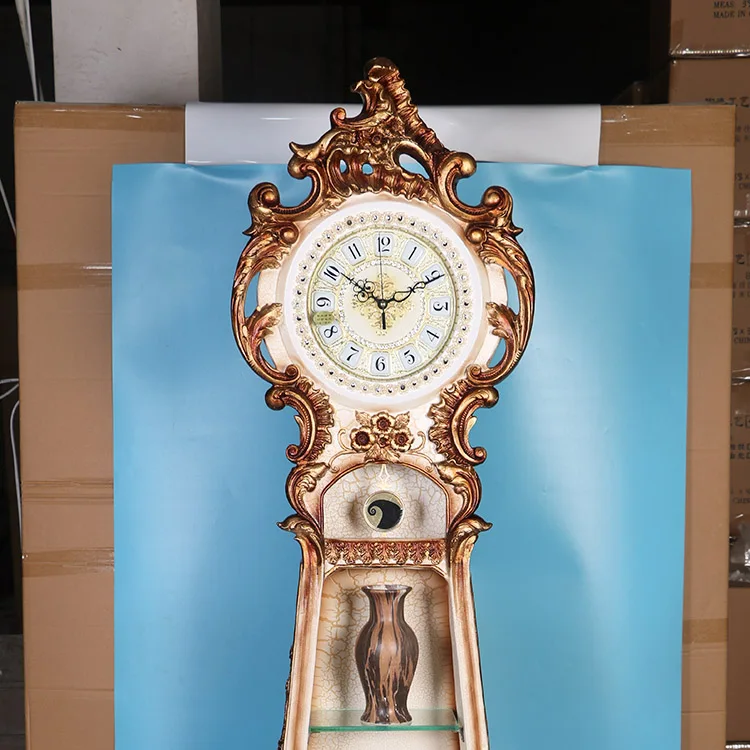 
Antique Classical Decorative Resin Grandfather Floor Movement Stand-up Clock With Shelf 