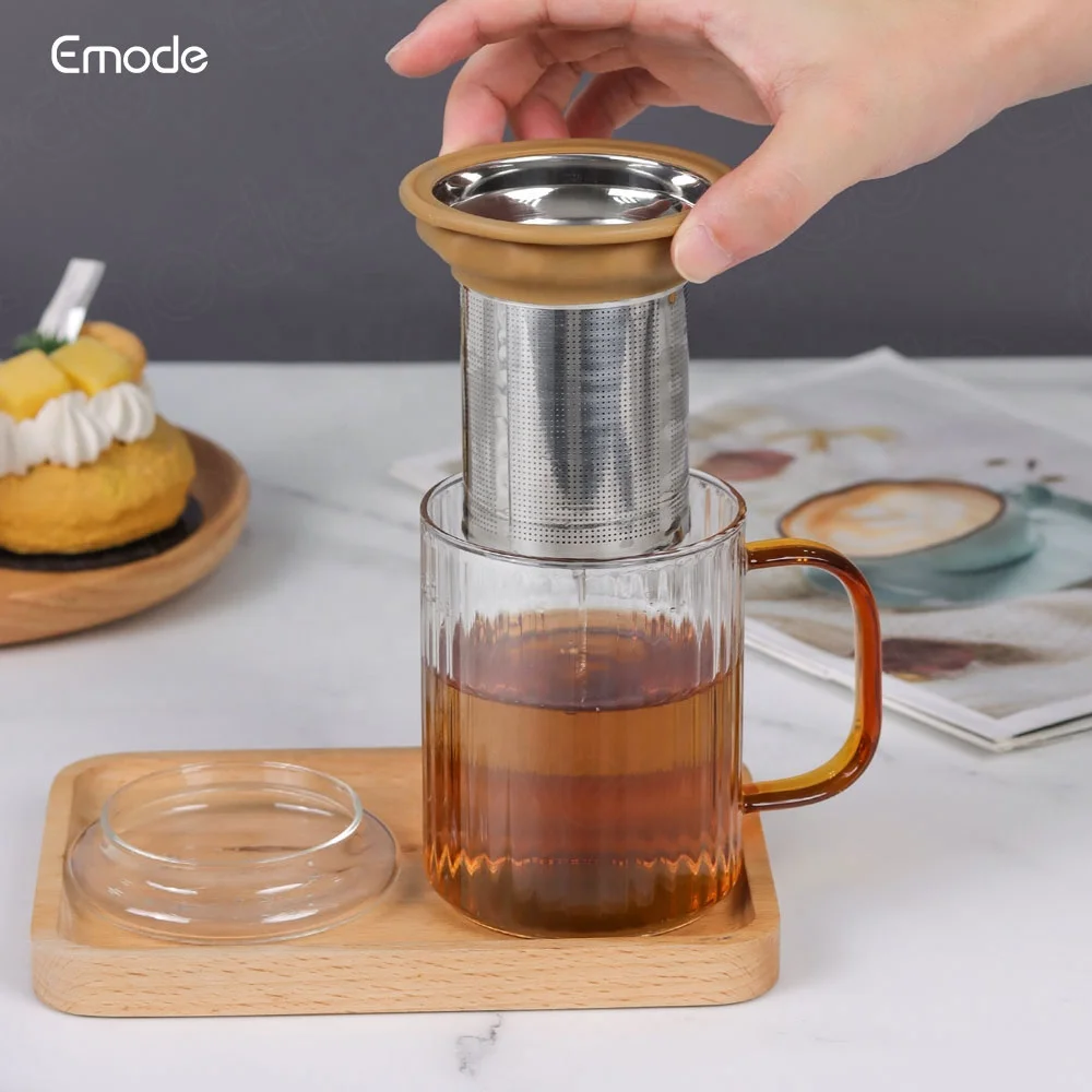 Emode Personal Tea Maker Insulated Heatproof Fluted Glass Cup with Loose Tea Infuser and Lid Borosilicate Glass Infusion Mug