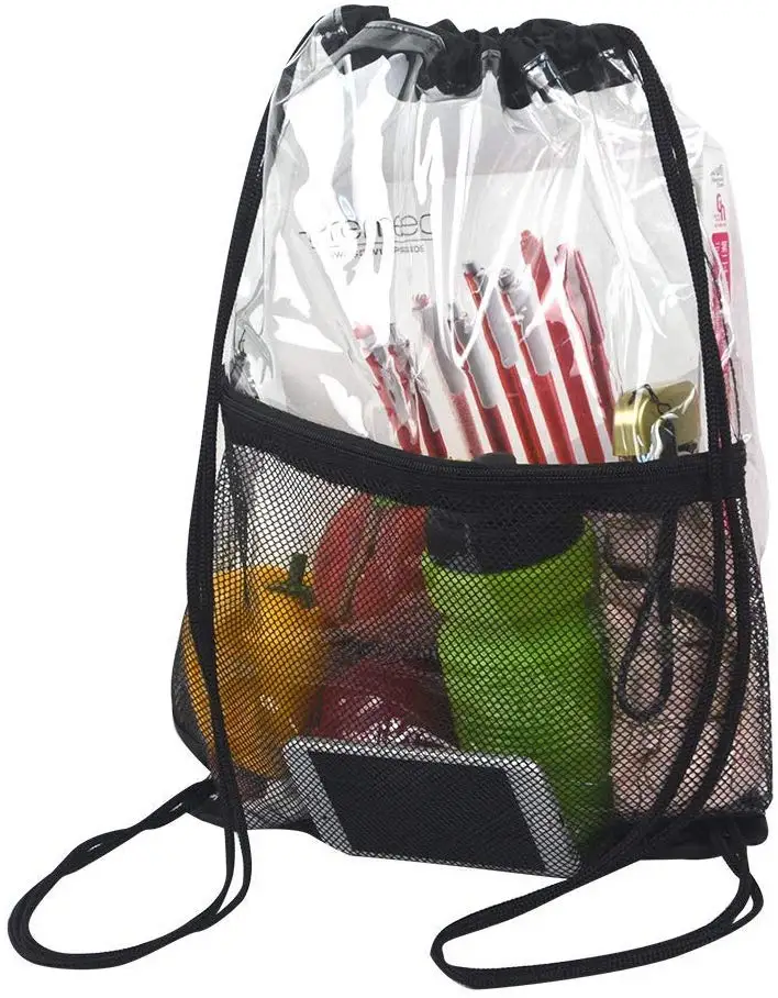Drawstring Bag Front Zipper Mesh Pocket Travel Schoolbag PVC Drawstring Backpack