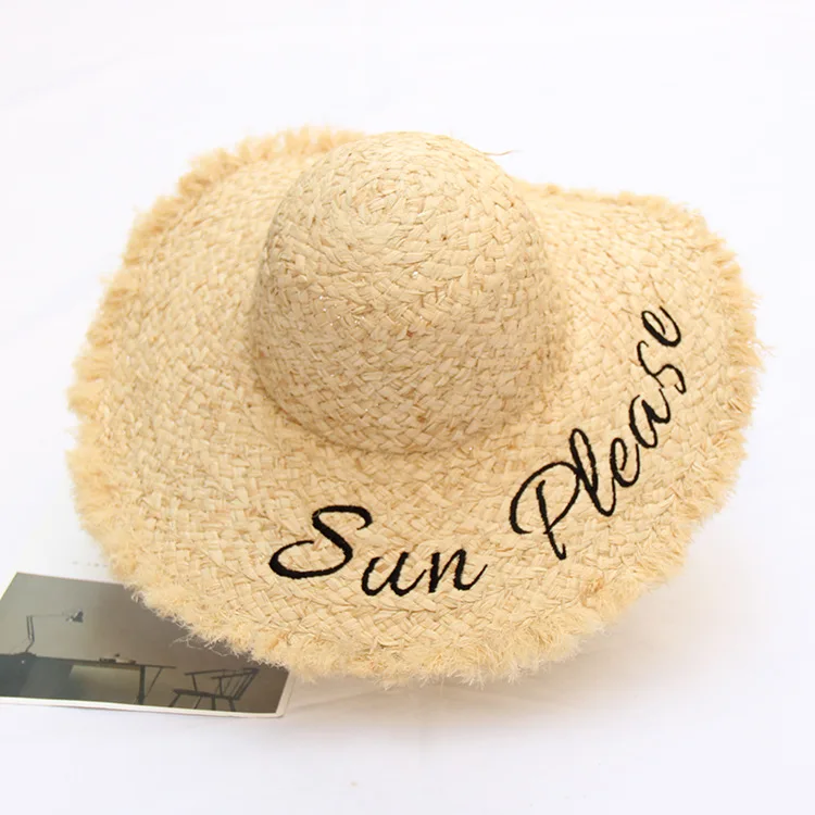high quality raffia straw custom embroidered summer hats frayed edge ladies women beach hat