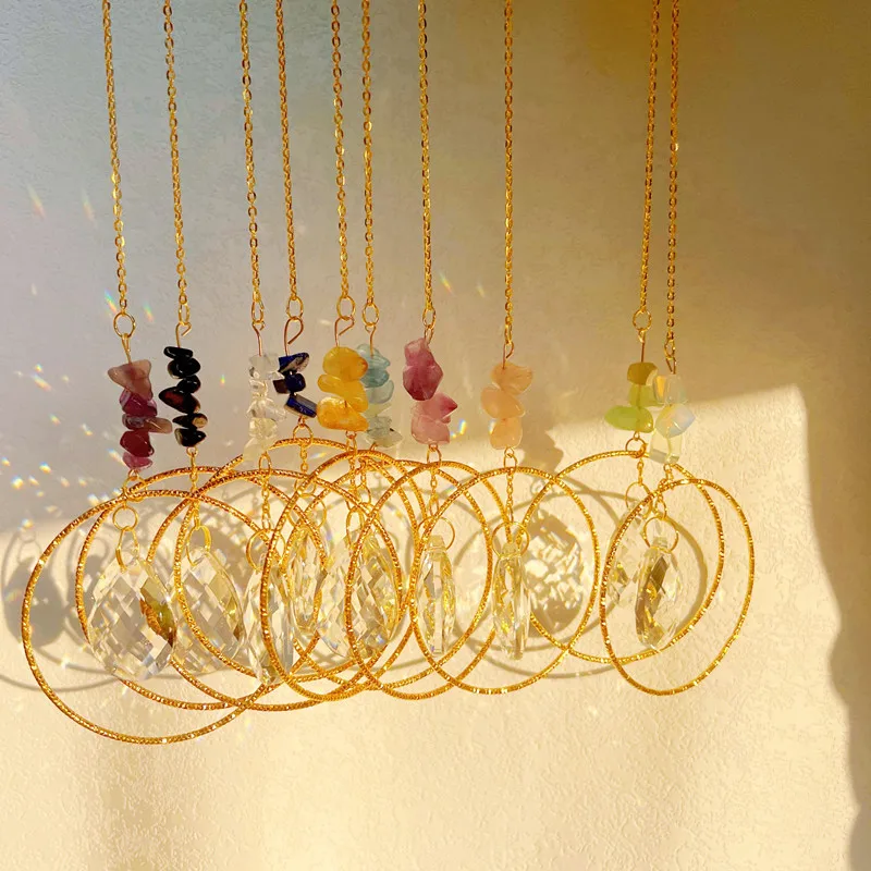 Natural Raw Stone Amethyst Crystal Hanging Circle Sun Catcher Wind Chime Rainbow Prism Garden Decor