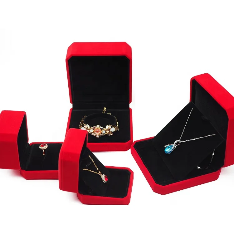 Jewellery chain necklace gift set boxes custom LOGO red color material luxury velvet microfiber jewelry box
