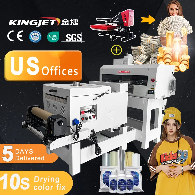 kingjet Impresora Dtf Printer Printing Machine 60cm 24 Inch A1 A2 A3 Xp600 5 Head Inkjet Automatic T-shirt Xp600 Heads for Clot