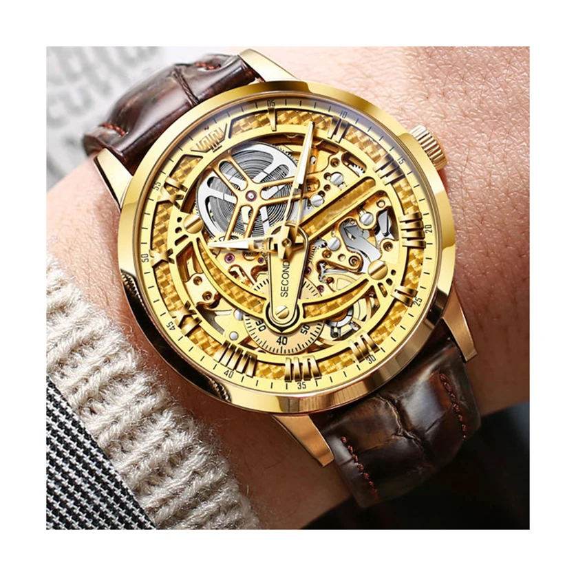 Fashion stainless steel case all skeleton flywheel waterproof men mechanical watches