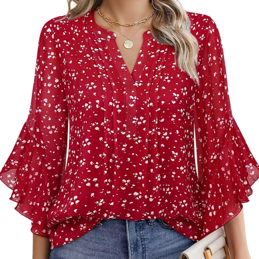 Ruffle Long Sleeve Printed Pleat Line V Neck Chiffon Blouse For Women