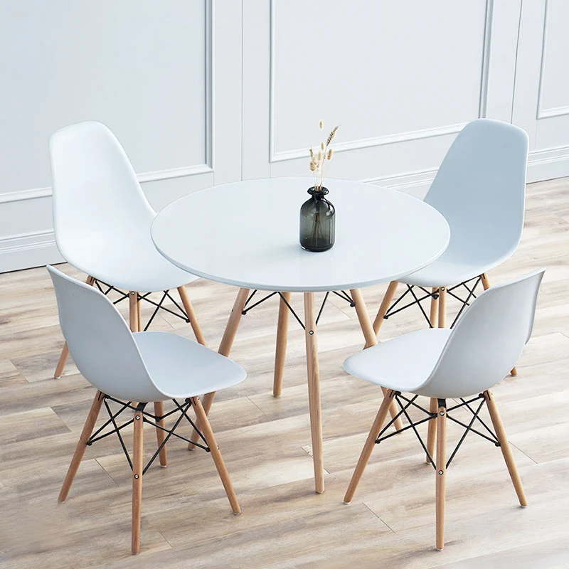 Wholesale Nordic Dinner Set Panel Comedor 4 Sillas Wood White MDF Round Cafe Kitchen round Dining Table with Chairs