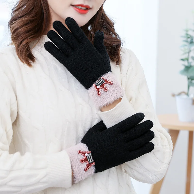 Fashion Imitation Cashmere Crown Split Finger Gloves Thickened Knitted Outdoor Winter Warm Touch Screen Glove Knitted Gloves