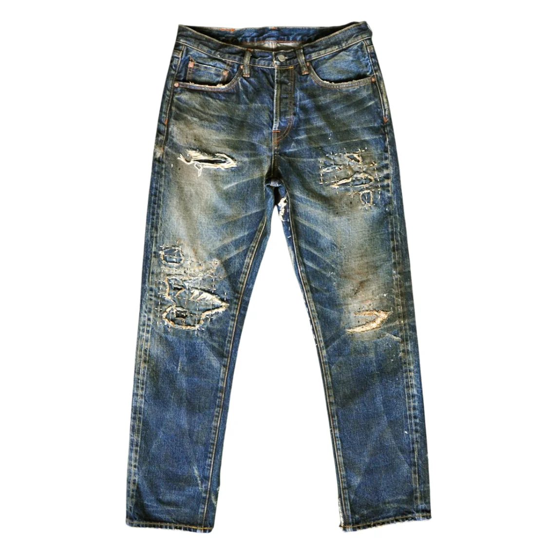 SENSE Customized High Quality Repaired Heavy Distressing  Selvedge Washed Men Denim Jeans