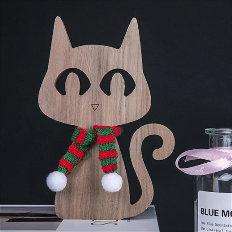 Christmas Home Table Decorations Wood Crafts Office Desk Decor Cat Sculpture Wooden Ornaments Carving Cute Pet Cat Figurines