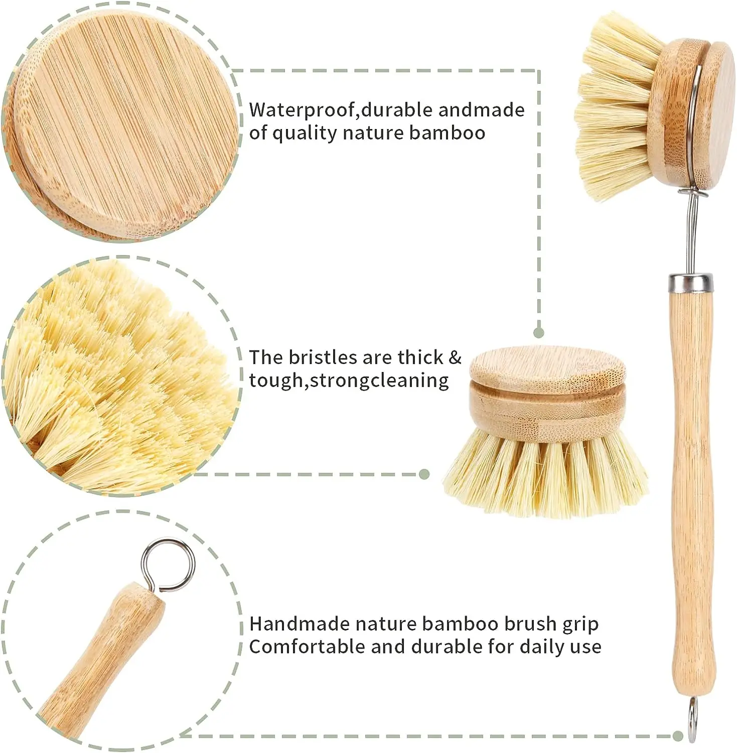 Bamboo Dish Brush with 4 Replacement Heads Eco Friendly Products Natural Dish Scrub Brush Durable Cleaning Brush Set