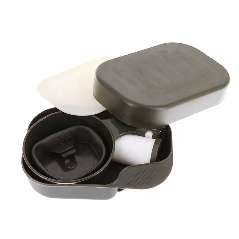 Free Sample Durable Traveling Hiking Camping Outdoor Metal 8-Piece Mess Kit Mess Tin Food Container with Handle Green Olive