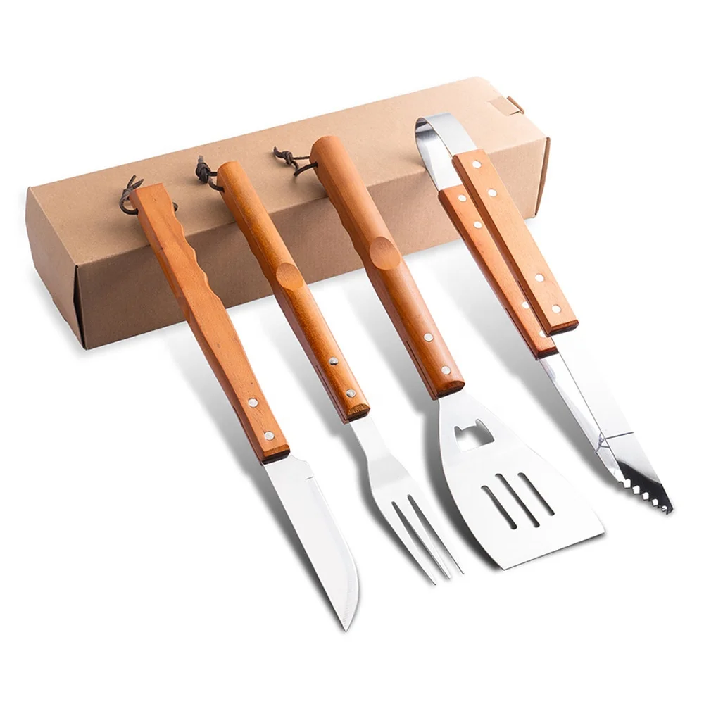 Top 3 Piece Bamboo BBQ Tool Set Grill Accessories with Meat Fork Spatula Utensils Set for Outdoor Barbecue Wood Handle Sticks