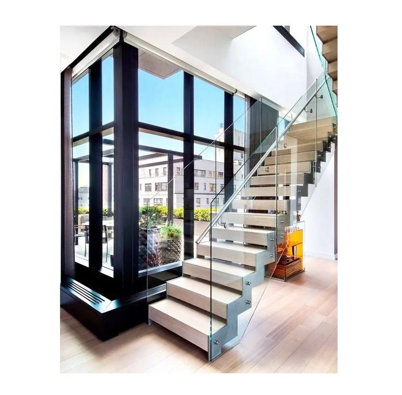 Hot sale carbon steel double beam support straight stairs with timber steps and glass railing