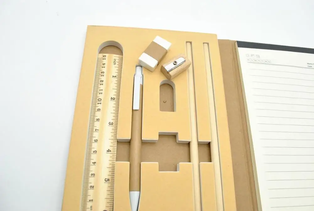 Customized Eco friendly kraft hardcover notebook notepad with sticky notes/pencil/ruler/eraser/sharpener for promotional