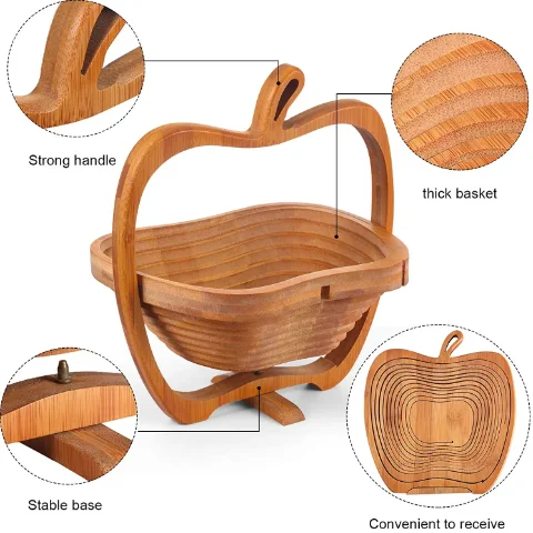 Collapsible Bamboo Fruit Basket Dried Fruit wooden Basket bamboo food Tray Turns into Wooden Snack basket