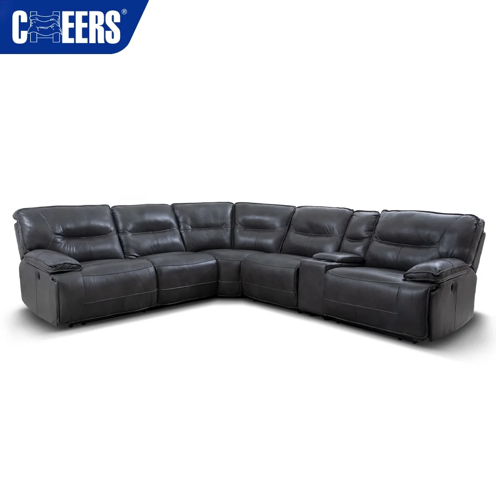 MANWAH CHEERS Real Leather Corner Sofa Modern Black Sectional Reclining Couch Living Room Sofa