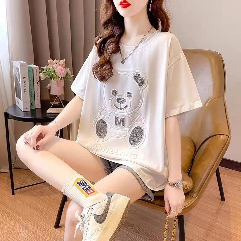 Casual Pure Cotton T-shirt Design, Short Sleeved Loose Large Size Women Long Printed T-shirt Knitted Short Shirts for Women