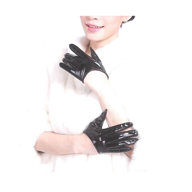 
Women Trendy Style Black shiny leather 100% SheepLeather Gloves Evening party Half palm Gloves Size S M L XL 2XL 