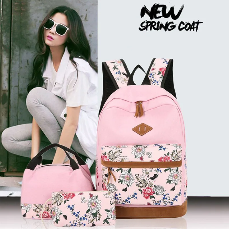Custom Fashion Trend New 3 Set Backpacks High Quality Girls Cute Pink Soft Canvas Student School Bag And Lunch Bag Set For Kids