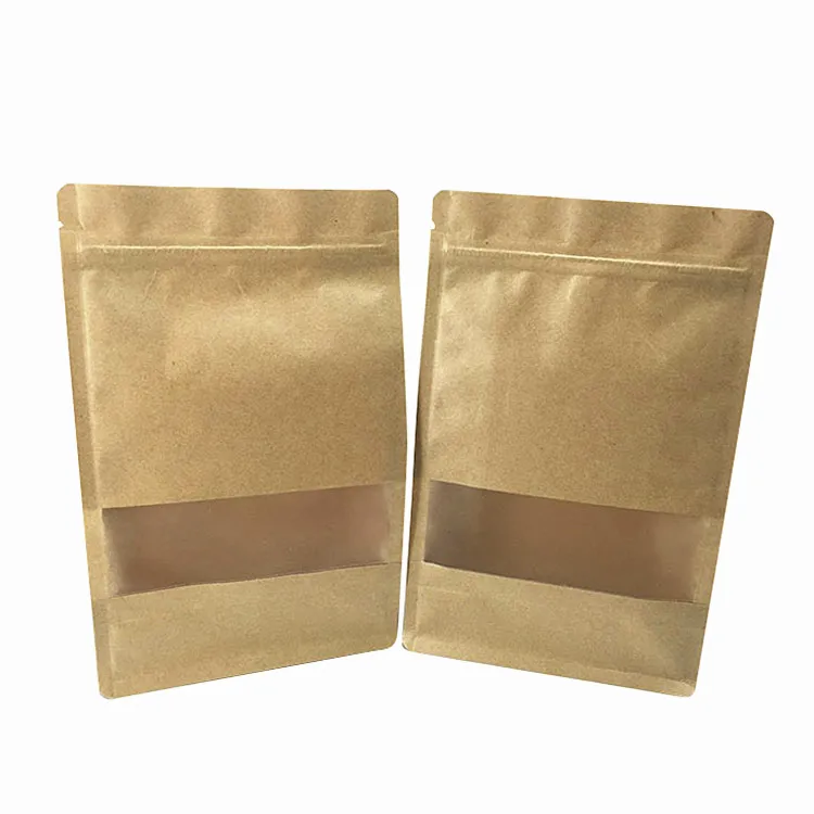 Recyclable flat bottom kraft paper bag food grade food storage 8 sided seal kraft zipper pouch with window
