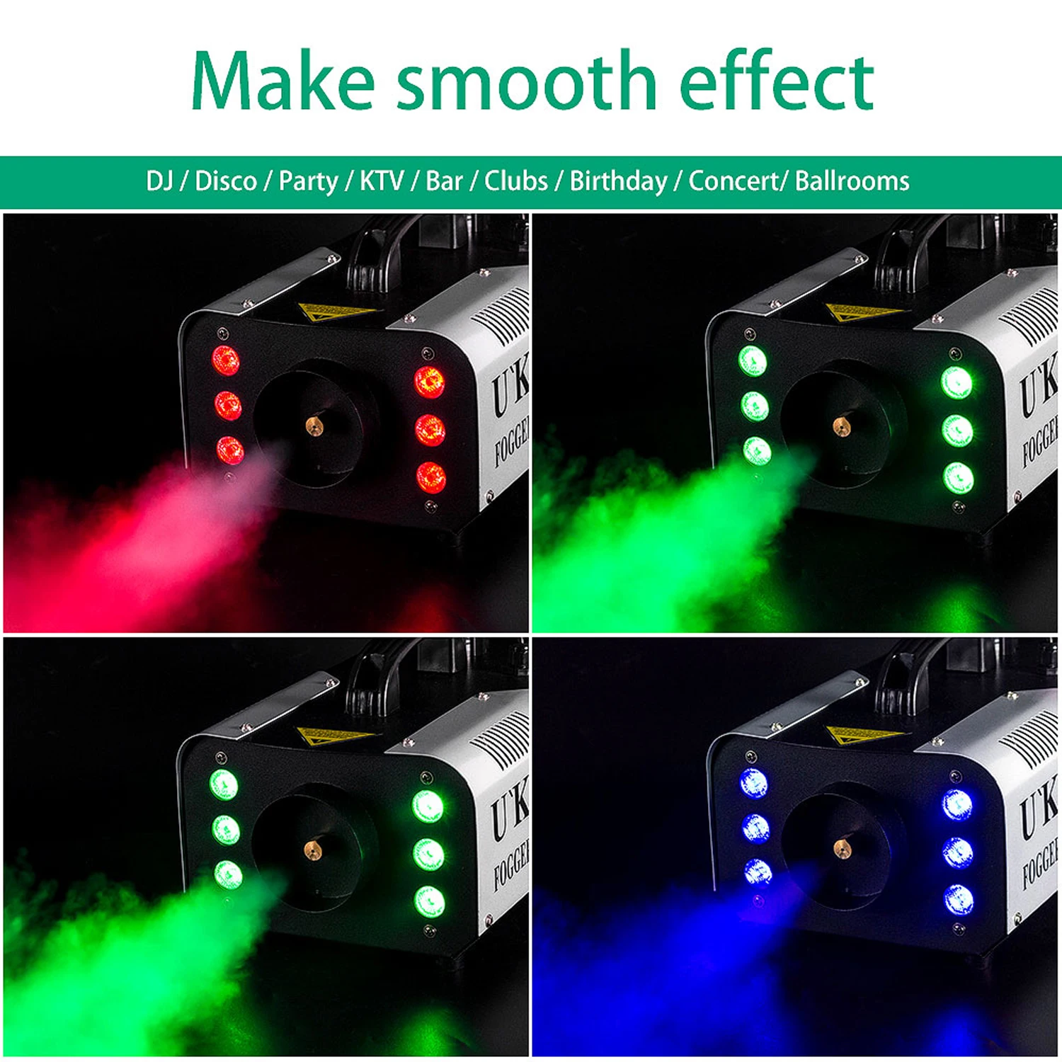U`King 1200W Stage Light Fog Machine with RGB 6LEDs Stage Light Smoke Haze Generator Remote Controlled Stage Effect Equipment