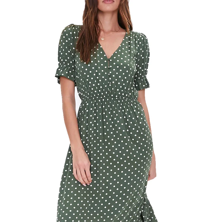 
OEM customer design 2020 Hot selling fashion women casual dress V-neck short sleeve dot dress for lady summer 
