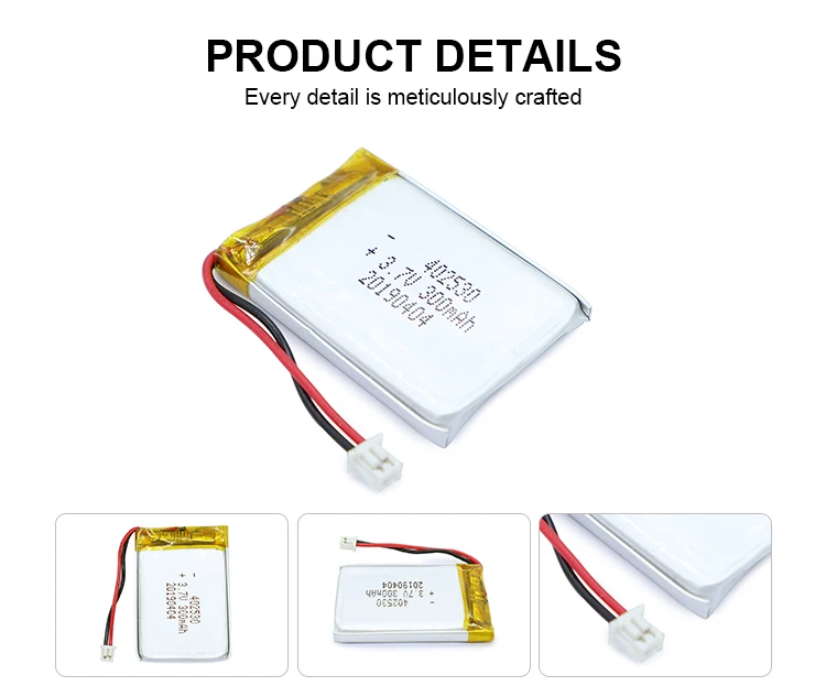 Wholesale lipo 300mAh 502535 801520 lithium battery 402530 3.7V 300mAh Lithium Polymer Battery with PCM connector