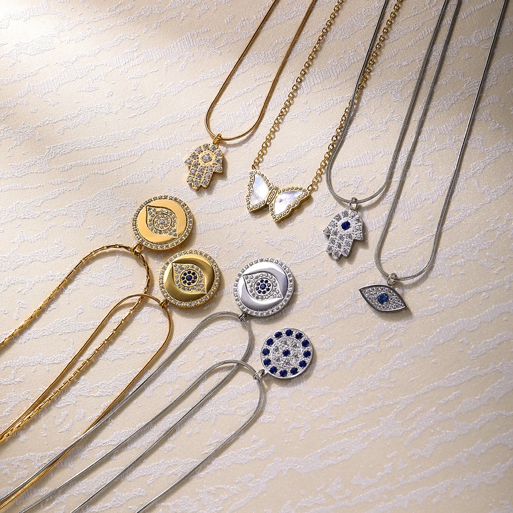 CNC 18K Gold Plated Stainless Steel Women Jewelry Cubic Zirconia Butterfly  Devil Eye Charm Diamond Hand Pendant Necklace