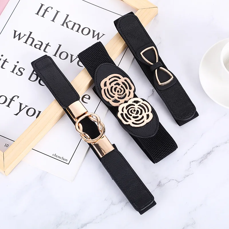 Elegant Decorative Dress Skirts pearl Clasp Buckle Elastic Wide Belt for Sweet Girls Ladies