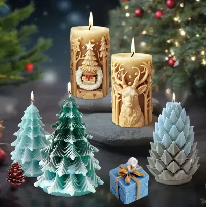 Silicone Mold for Making Festive 3D Christmas Candle with Elk Snowflakes and Merry Christmas Letters