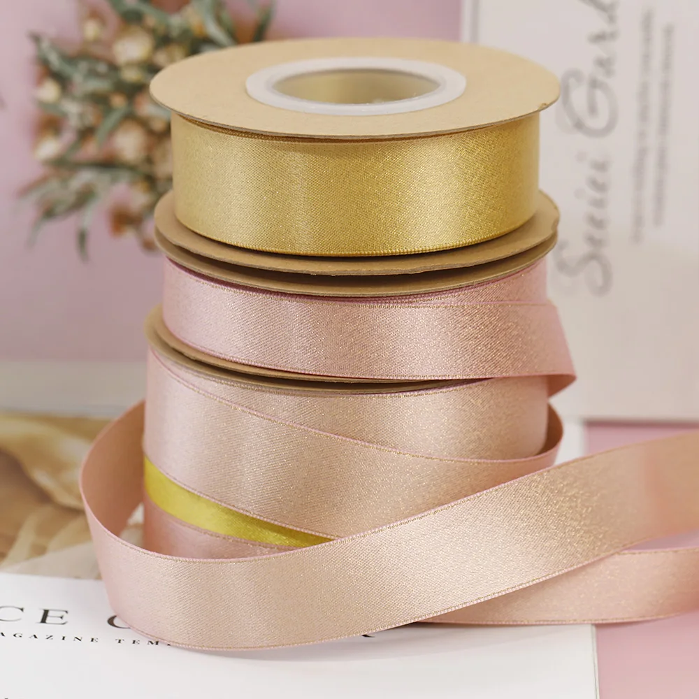 Lude Custom 20mm Luxury Gold Glitter Satin Ribbons Solid Color Double Face Ribbon for Gift Garment Decoration