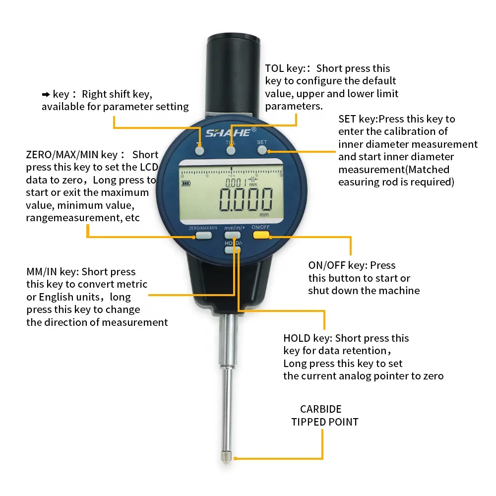 SHAHE NEW Metric/Inch 0-25.4mm 0.01mm Electronic Indicator with Rechargeable Battery Waterproof Digital Dial Indicator