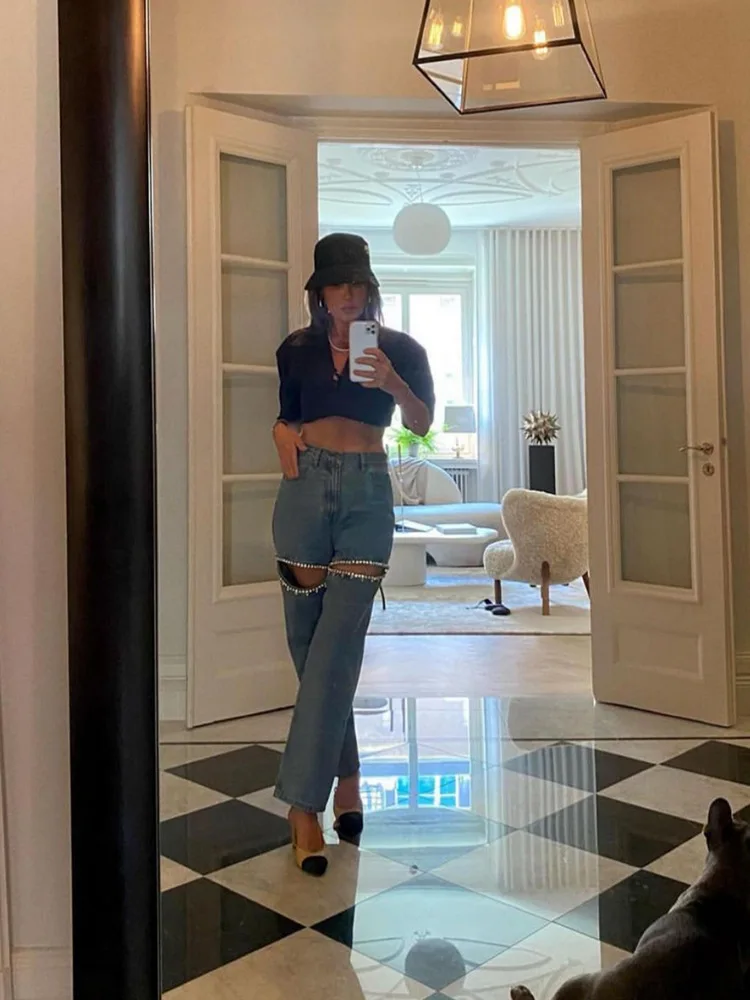 Wholesale fashion straight leg jeans pants street rhinestone fringe ripped denim jeans women