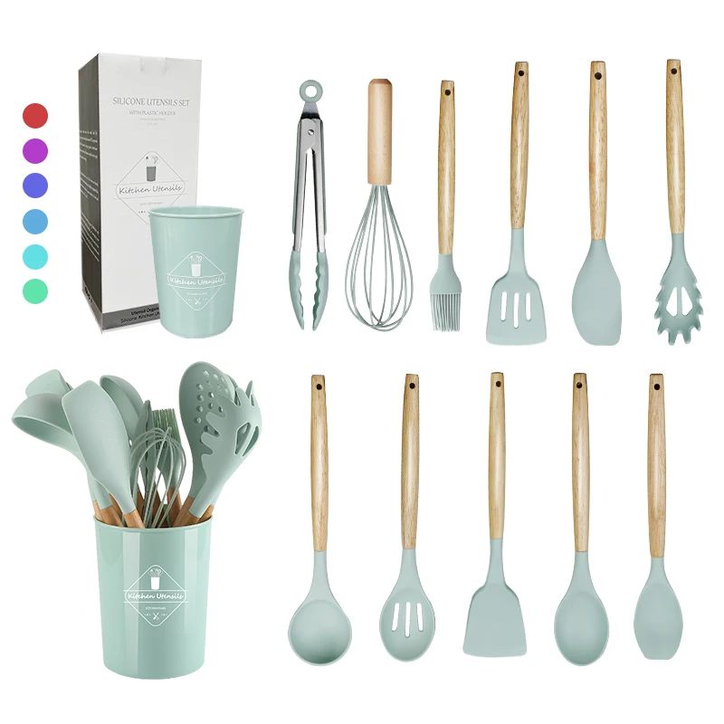 12 Pcs Heat Resistant Stand Accessories Silicone Wood Cooking Kitchen Utensil Set 11pcs With Kitchen Knifes For Camping Cooking