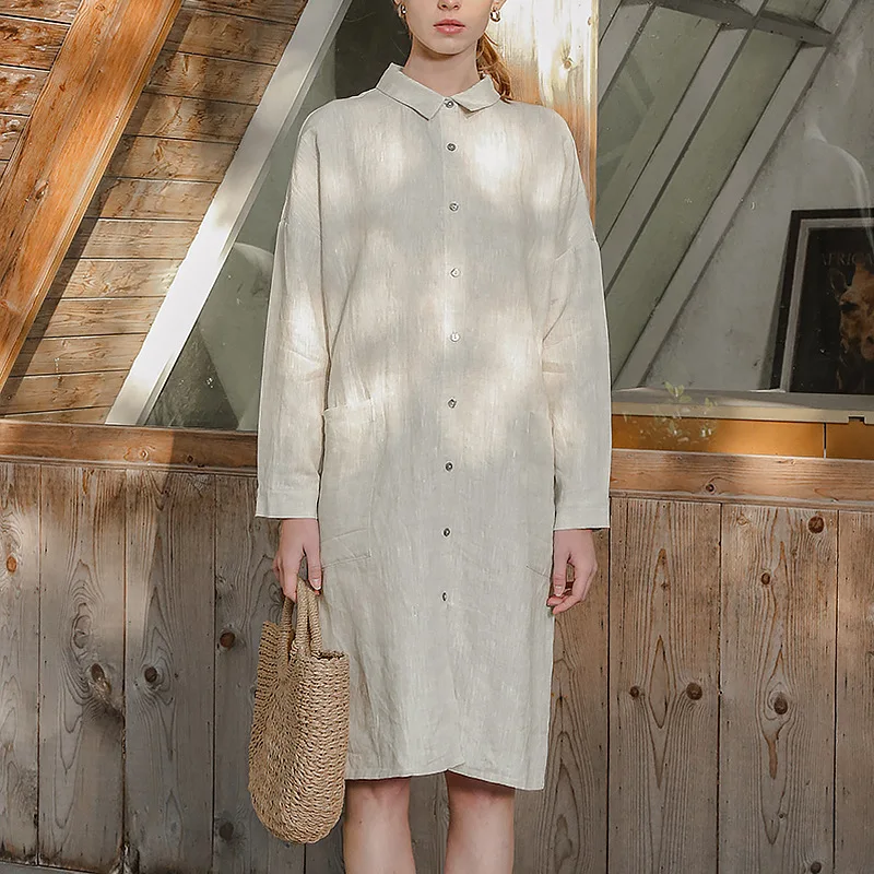 Wholesale stock 2022 new arrival elegant casual korean Japanese style organic plus size cotton linen womens long dresses